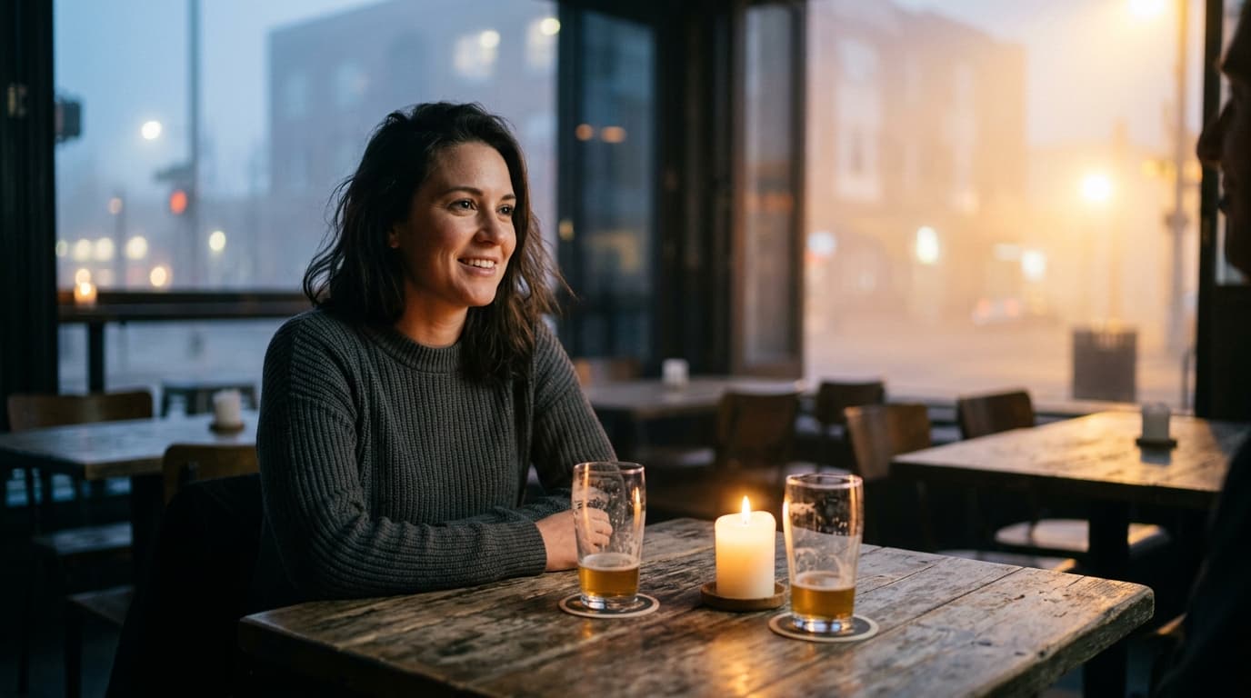 A medium shot captures two craft beer glasses on a weathered wood table at The Satellite Bar. A woman in a charcoal ribbed...