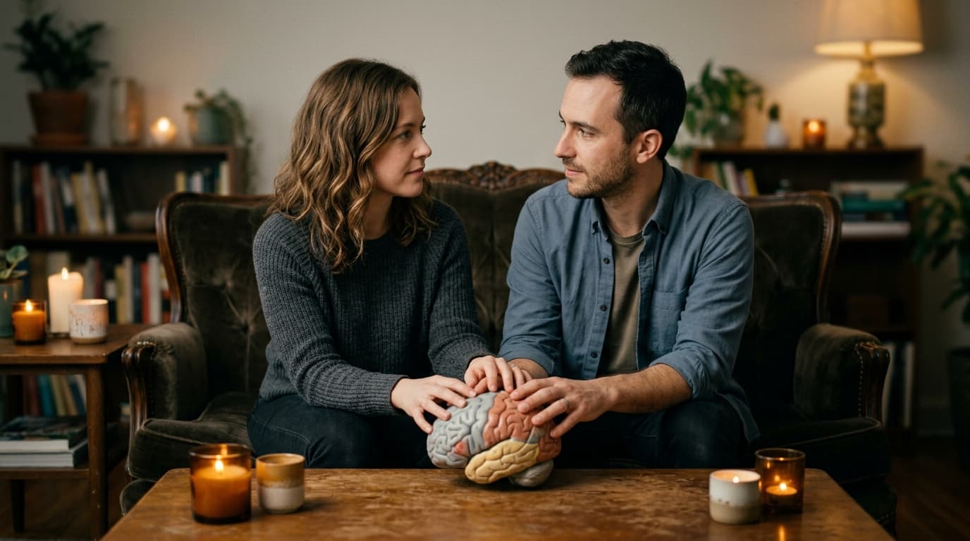 A couple sits on a dark velvet loveseat, fingers lightly touching over a tactile brain model resting on a coffee table. Wa...