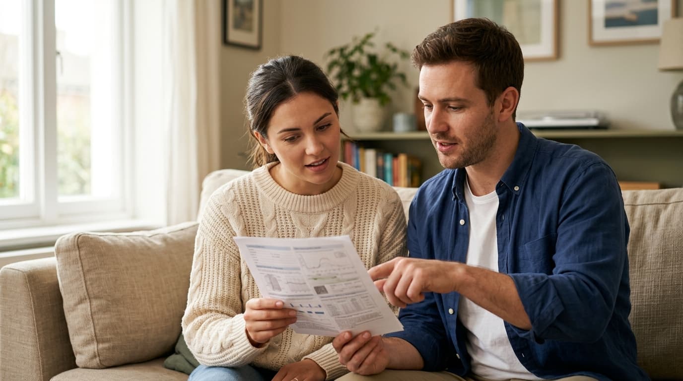 A woman in a cream sweater and a man in a navy button-down sit on a beige couch, holding a printed medical chart between t...