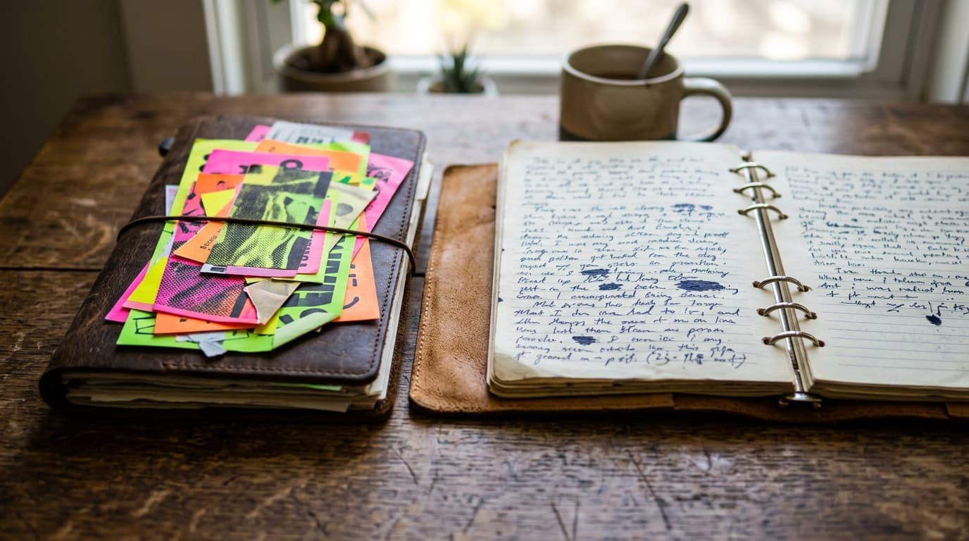 A close-up, tilt-shift focus shows two leather journals on a wooden desk. One is cluttered with chaotic, bright neon flyer...