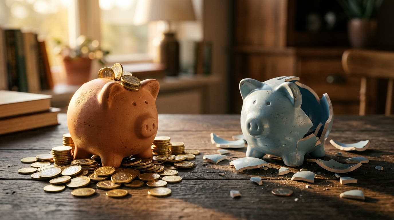 Extreme macro, golden hour. Two physical piggy banks on a desk: one overflowing with gold coins, the other shattered into...