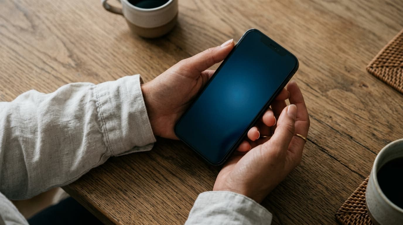 A woman’s hands rest on a sleek, minimalist wooden table, holding a smartphone showing a blank screen. Overhead flat-lay,...