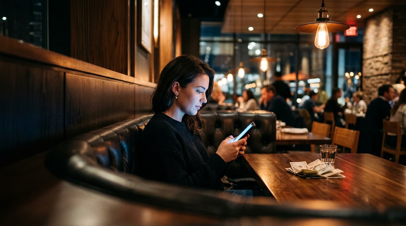 A woman sits at a polished leather booth, holding a smartphone. A blurred stack of paper bills sits nearby on the dark woo...