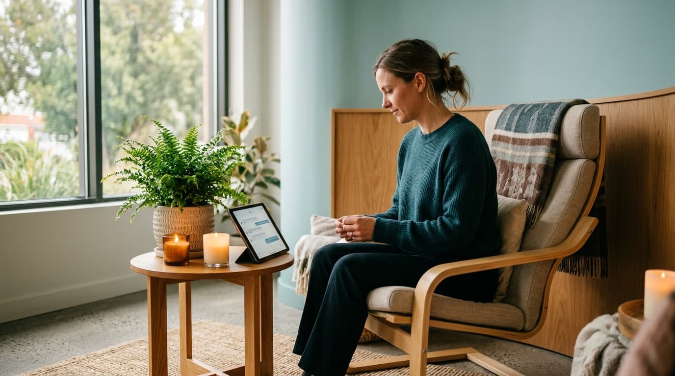 A warm, candle-lit clinical corner featuring a sleek, modern meditation chair. A glowing tablet rests on a side table, dis...