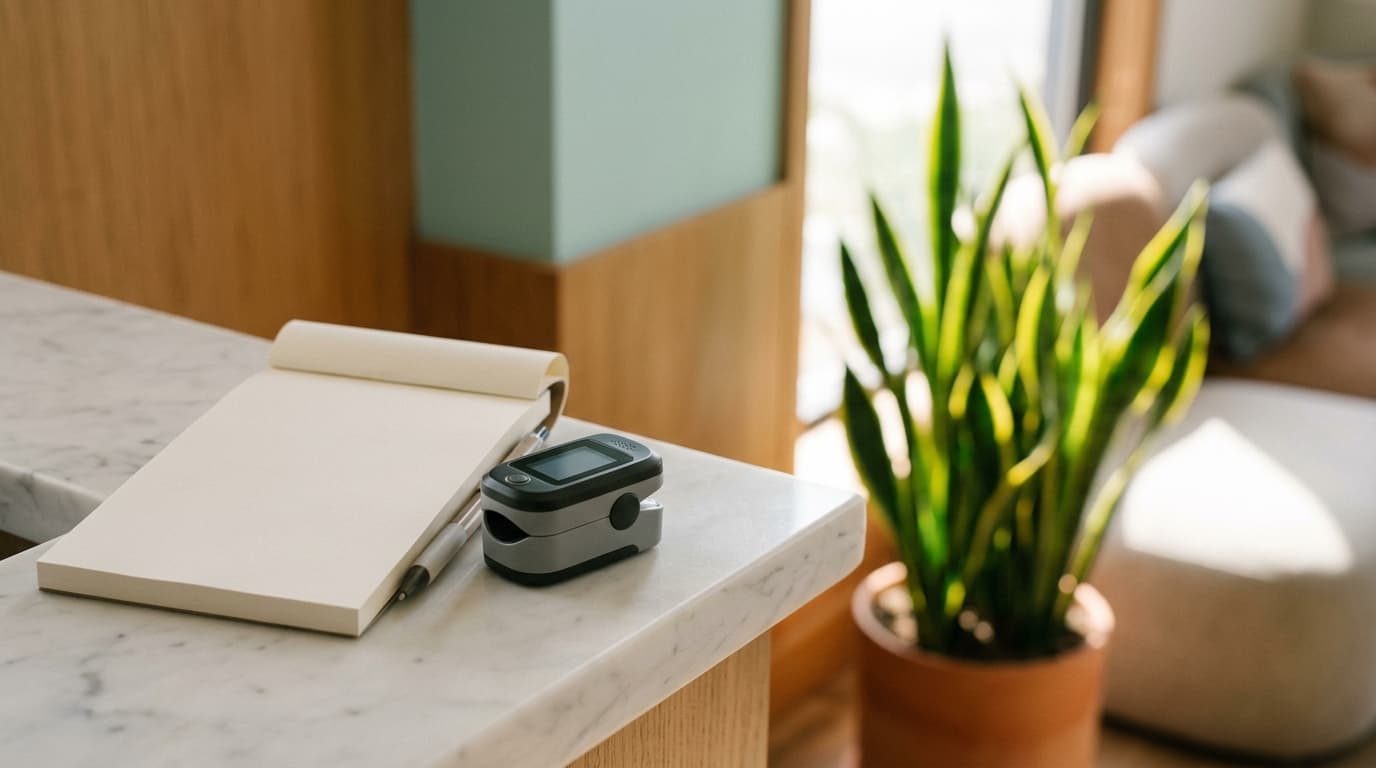 A prescription pad rests on a white marble surface, partially obscuring a sleek, modern pulse oximeter. Noon sun creates s...