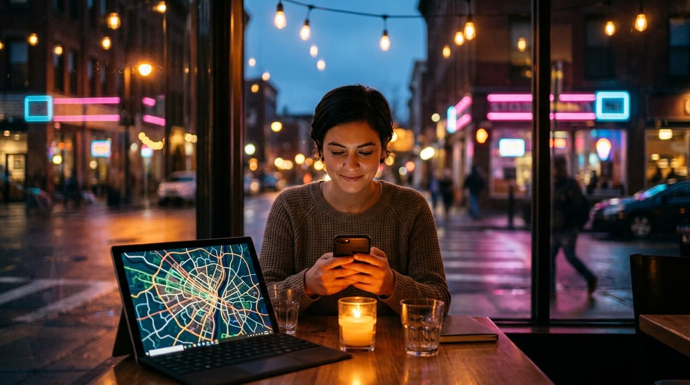 A medium shot, centered and symmetrical, of a person sitting at a candle-lit cafe table holding a smartphone, with a blurr...
