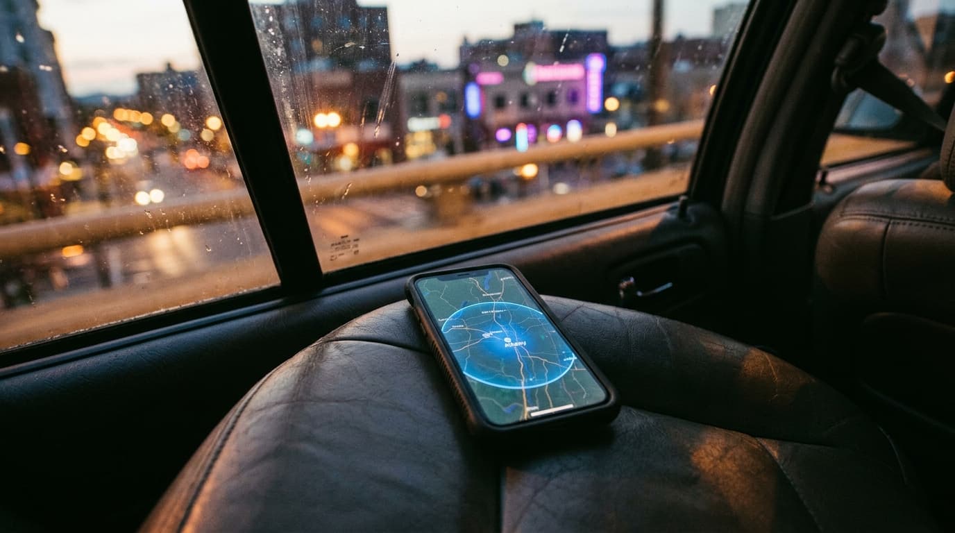 A high-angle, selective focus shot of a modern smartphone resting on a dark leather car seat. The screen glows, displaying...