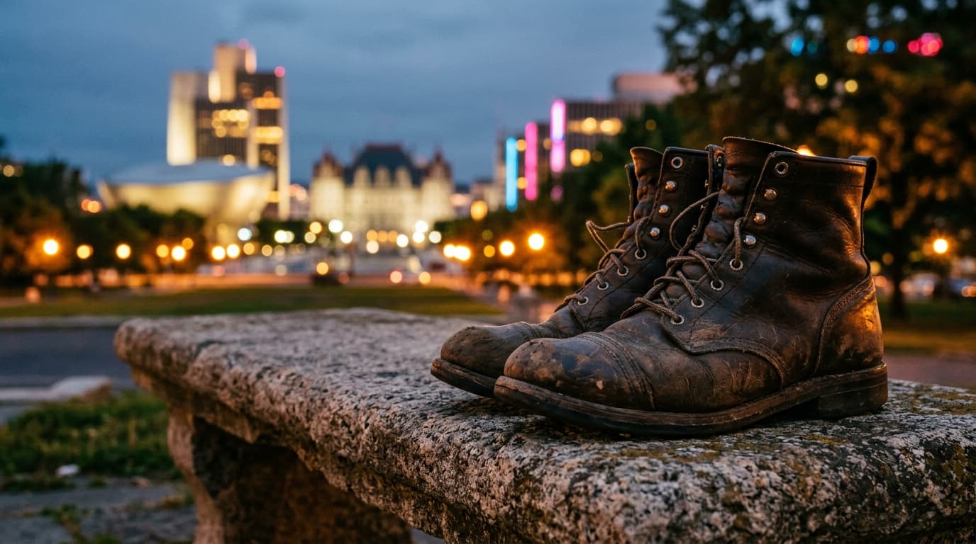 A 35mm documentary shot at golden hour, rule-of-thirds offset right. A pair of worn leather boots rests on a weathered sto...