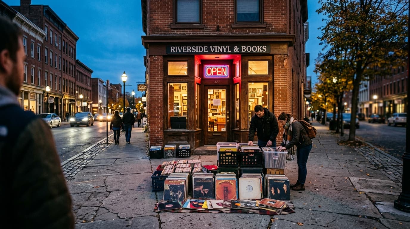 A wide 24mm blue hour shot centered on a rustic brick storefront in Troy, showcasing a glowing neon "Open" sign above a sc...