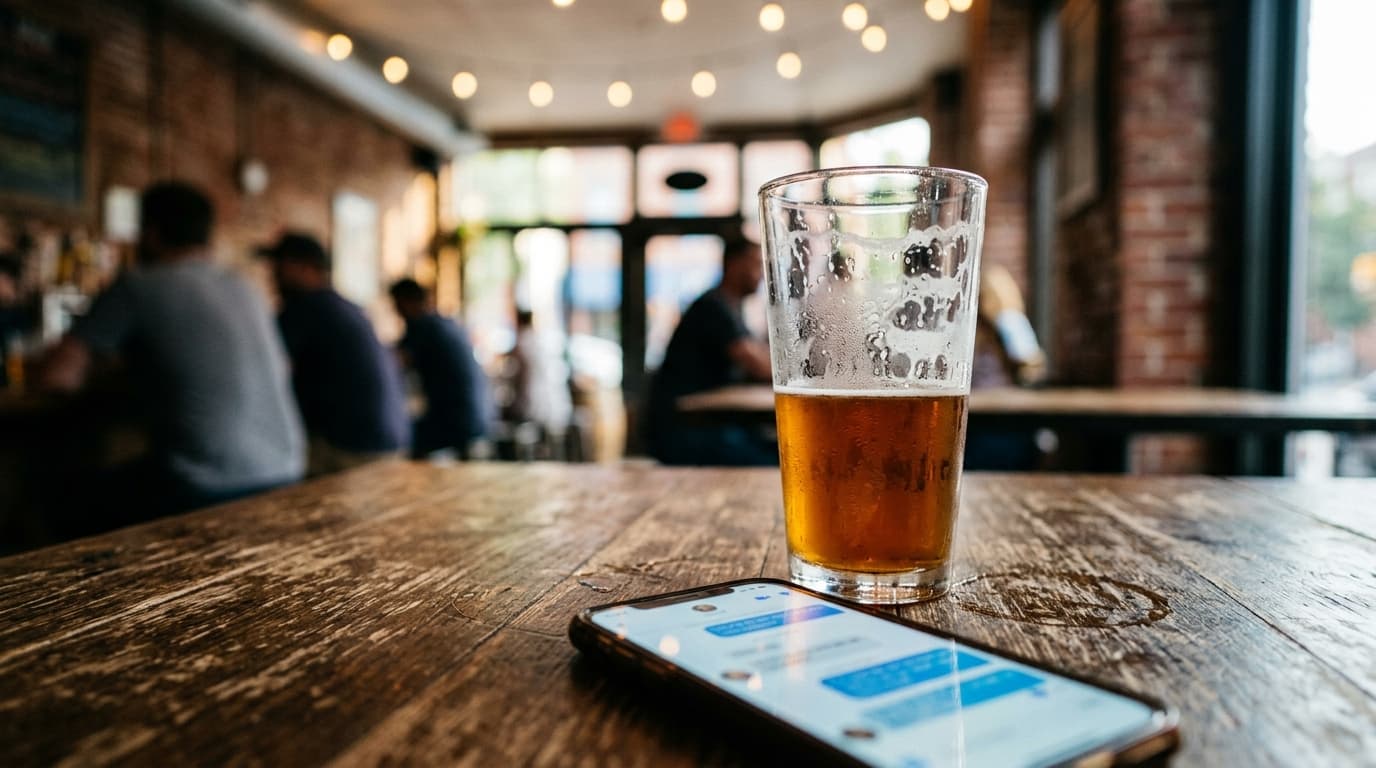 A low-angle hero shot of a half-finished craft beer on a weathered wooden table at The Hollow. In the lower third, a glowi...