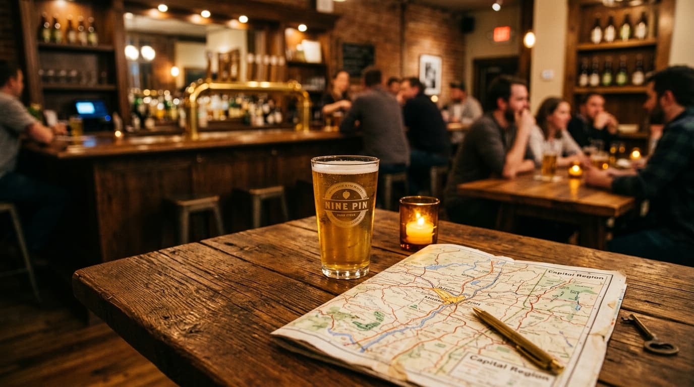 A wide, tilt-shift shot of a sun-drenched Nine Pin Cider taproom table. A half-full glass of cider sits beside an open map...