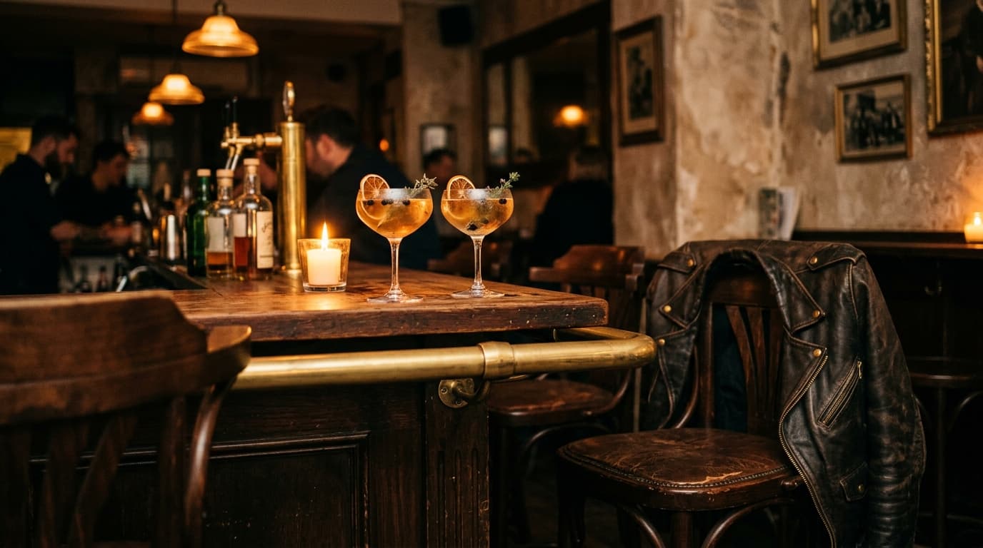 A medium shot shows a wooden bar table at Savoy Taproom. Two half-poured gin cocktails sit offset right. A discarded leath...