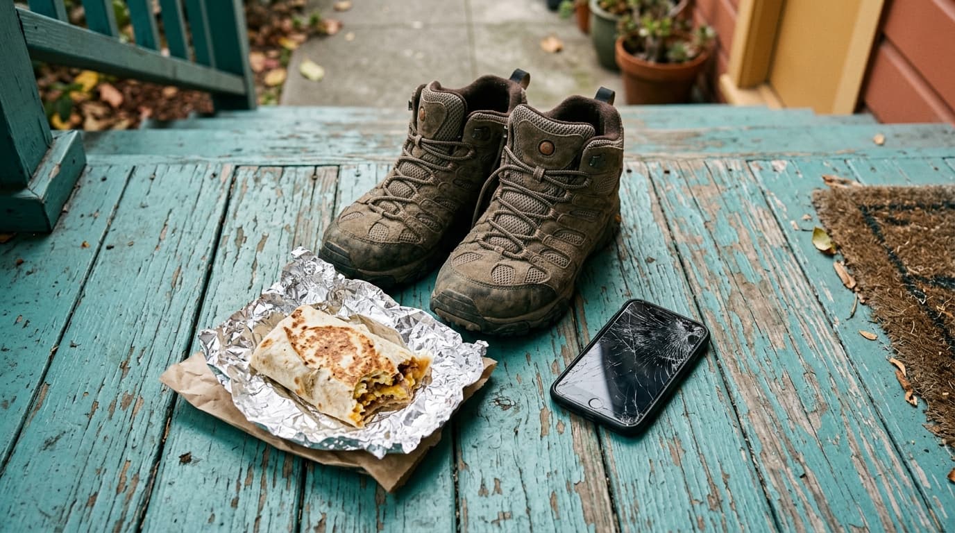 Overhead flat-lay on a weathered turquoise wooden porch in Nob Hill: a cracked smartphone screen showing a dating profile,...