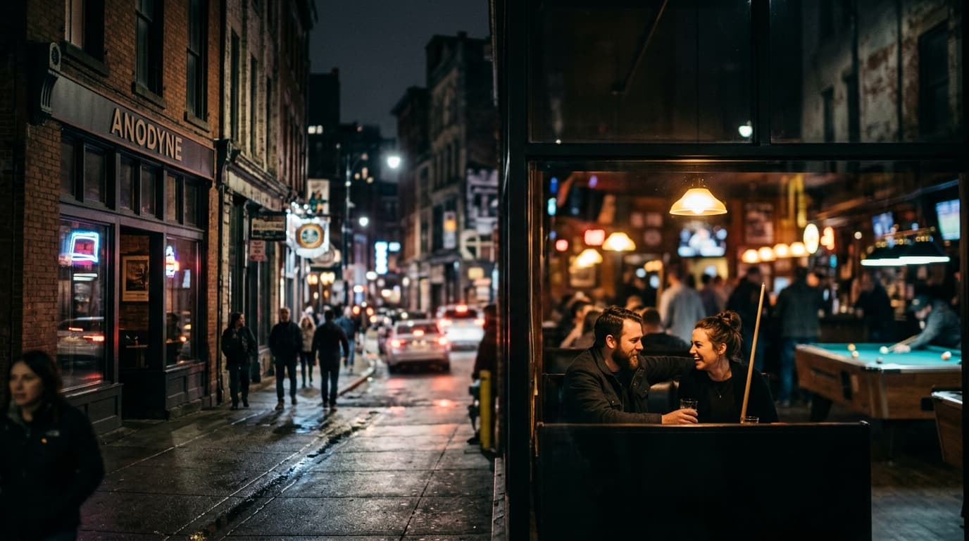 A wide establishing shot of the Anodyne pool hall at night. Selective focus highlights a couple in a dark booth, illuminat...