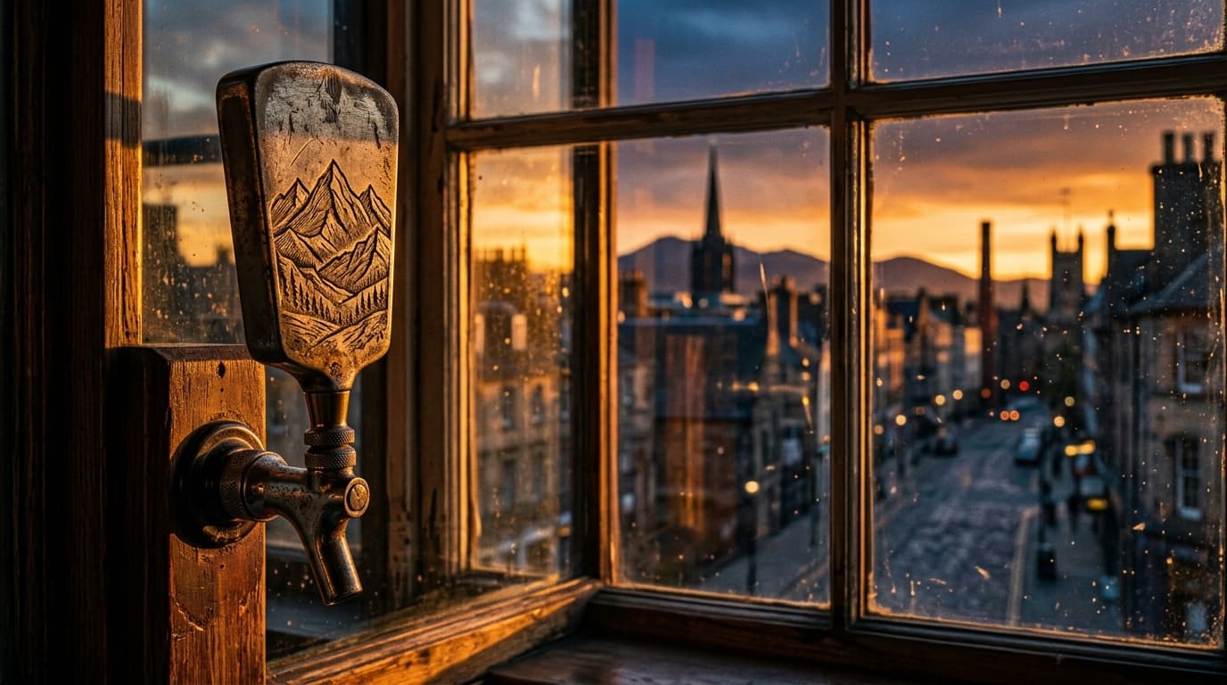 An 85mm close-up of a weathered, metal brewery tap handle engraved with a local mountain motif, positioned on the left, ca...