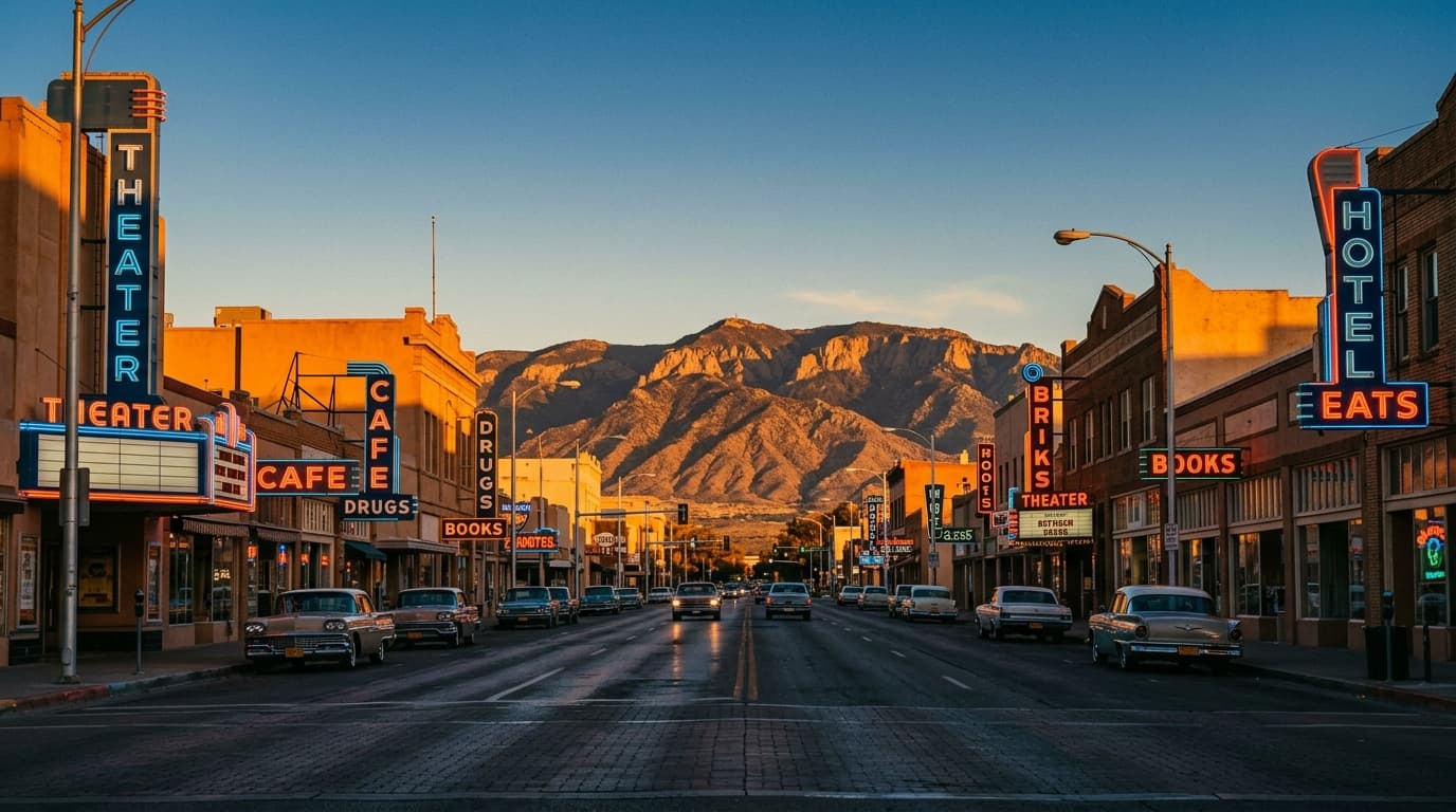 A 24mm wide-angle, symmetrical shot of the vibrant, neon-lit signage of the Nob Hill district at golden hour, capturing th...