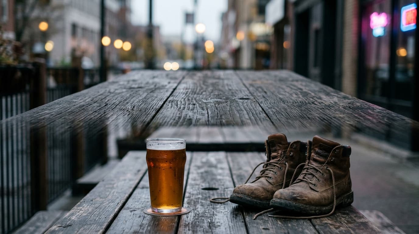 An overhead flat-lay of a wooden patio table featuring a perspiring craft beer, a handwritten note saying "Red or Green?",...
