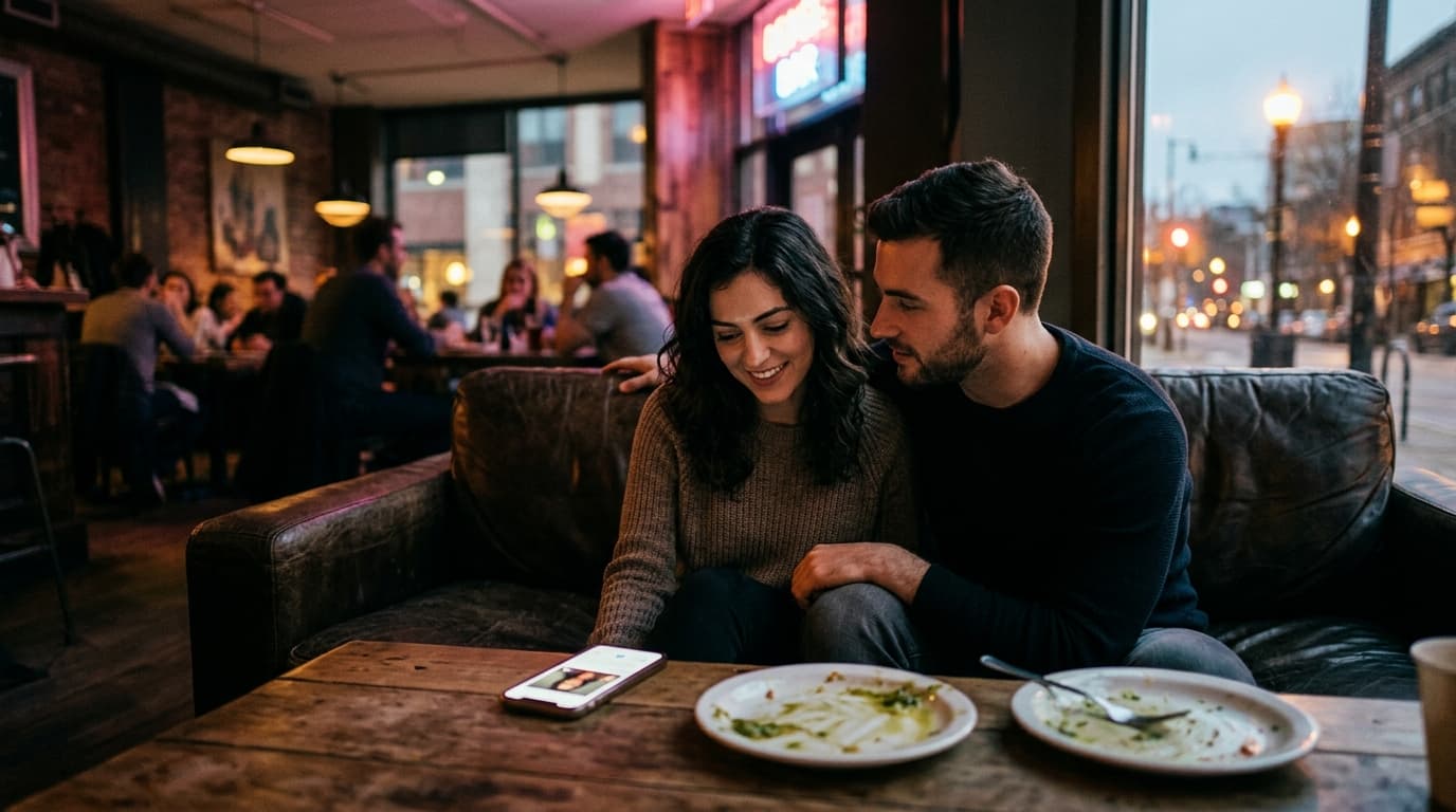 A man and woman sit on a worn leather couch, bathed in noon light. A smartphone screen displays a Hinge profile, resting o...