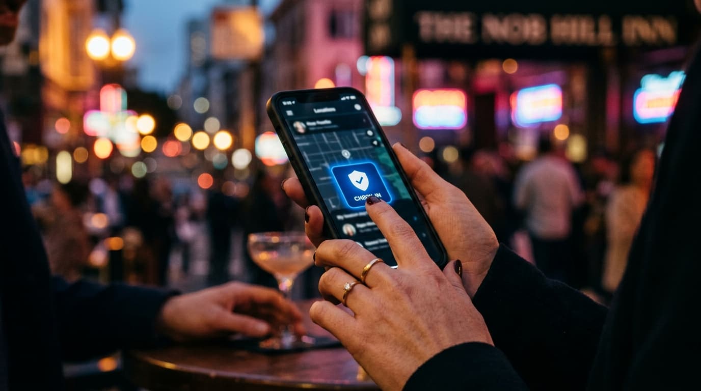Extreme 100mm macro shot of a woman’s hand holding a smartphone, finger hovering over a blue safety check-in icon, set aga...