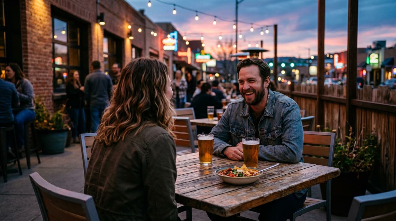 Over-the-shoulder view of a couple sitting on a high-desert brewery patio at blue hour. On their weathered table, two pint...