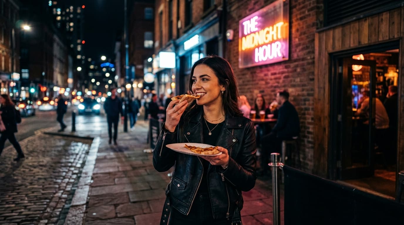 A woman in a leather jacket stands near a glowing, industrial-chic neon sign outside a hidden bar. She holds a takeaway sl...