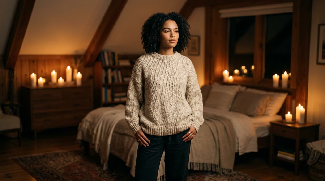 A person stands confidently in a dimly lit bedroom, wearing an oversized knit sweater. Selective focus highlights them aga...