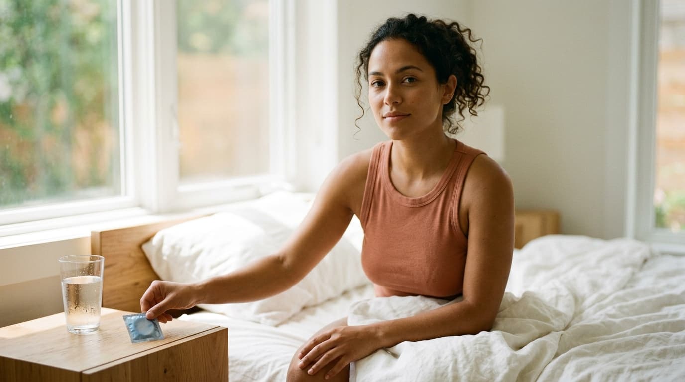 A woman sits on a crisp white bedspread in bright noon light, placing a condom packet on a bedside table next to a full gl...