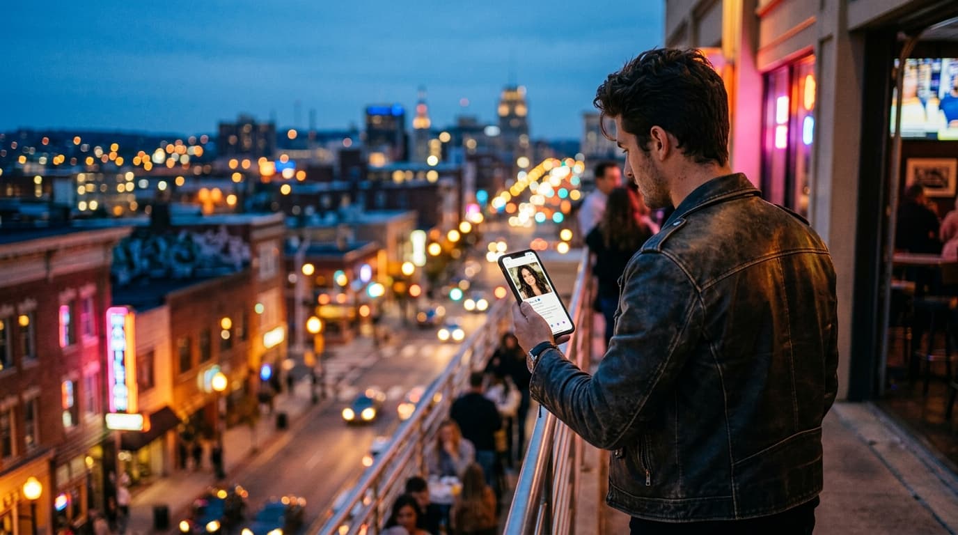 A man in a leather jacket stands on a Hamilton District balcony at dusk, holding a smartphone showing a verified profile....