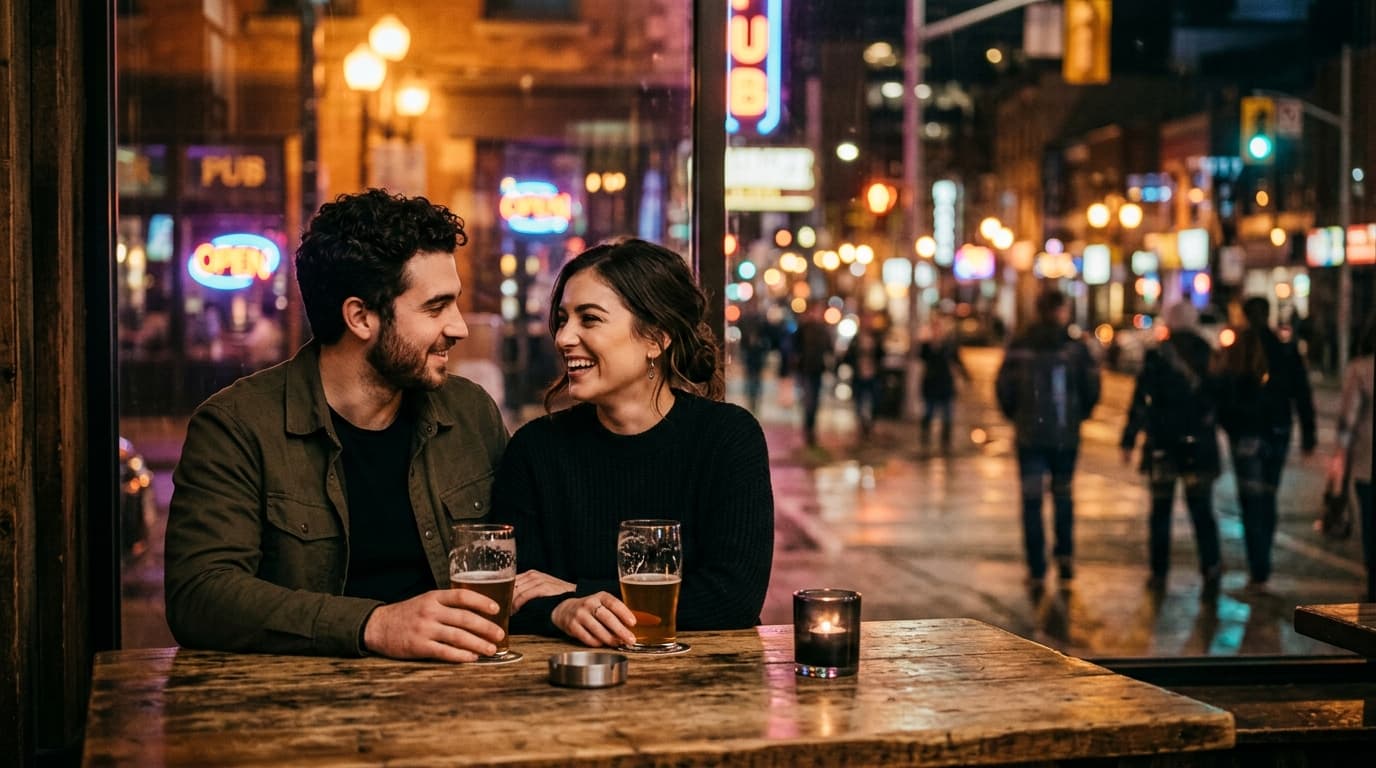 A couple sits at a rustic wooden pub table, half-empty craft beer glasses between them. Blurred, warm golden Hamilton Dist...