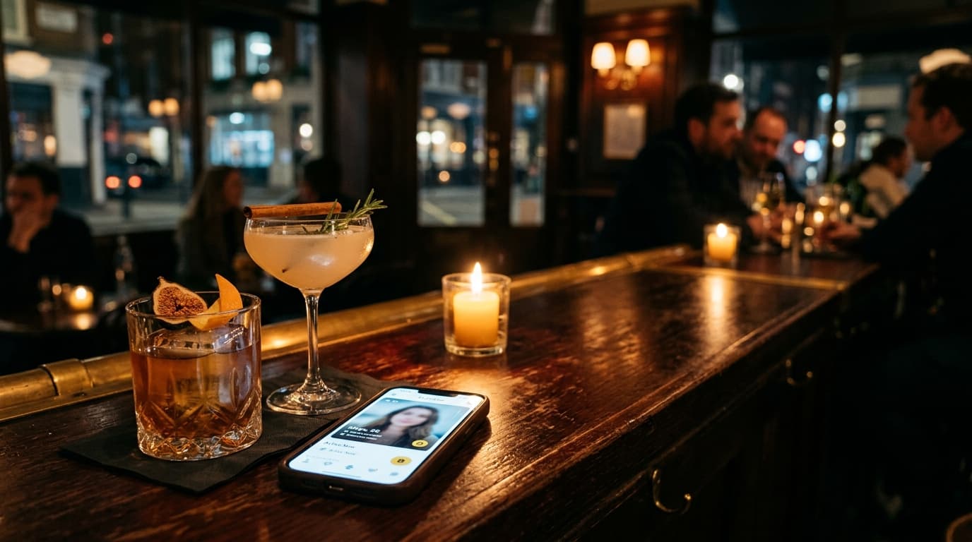 An 85mm medium shot, offset left, capturing two craft cocktails on a dimly lit mahogany bar. A small, glowing smartphone s...