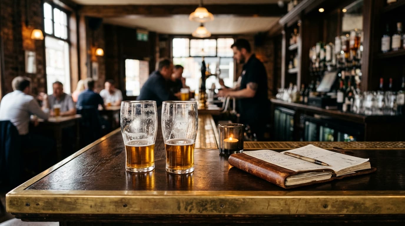 A 24mm wide-angle, centered symmetric shot of a polished wooden bar at The Hamilton. Two half-empty craft beer glasses sit...