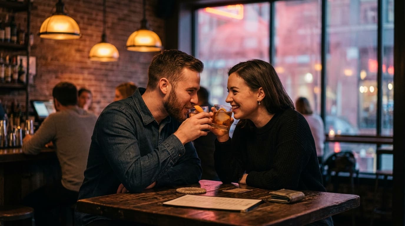 An 85mm portrait with shallow depth of field captures a couple sharing a craft cocktail at a rustic, dark-wood bar table....