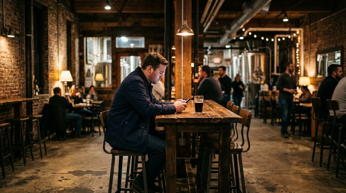 A man in a navy chore coat sits alone at a dimly lit, high-top wooden table inside a brewery, checking his smartphone. War...