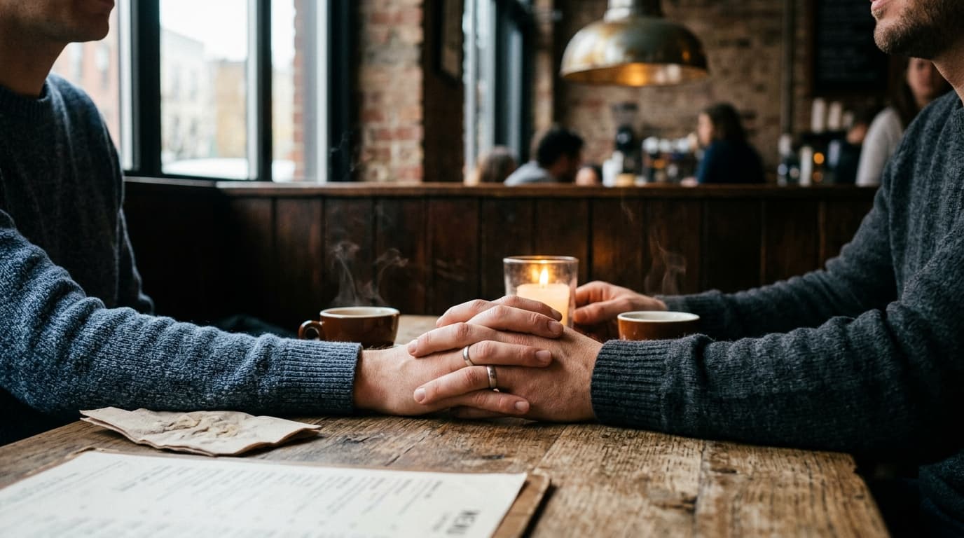 A couple sits close in a candle-lit booth at a café, hands touching over two steaming espresso cups. Tight crop, 100mm mac...