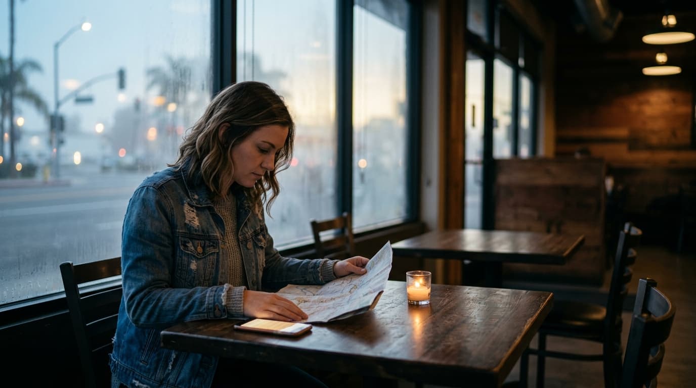A woman in a denim jacket sits at a dark-wood corner table in a quiet Anaheim cafe, holding a crumpled paper map beside an...