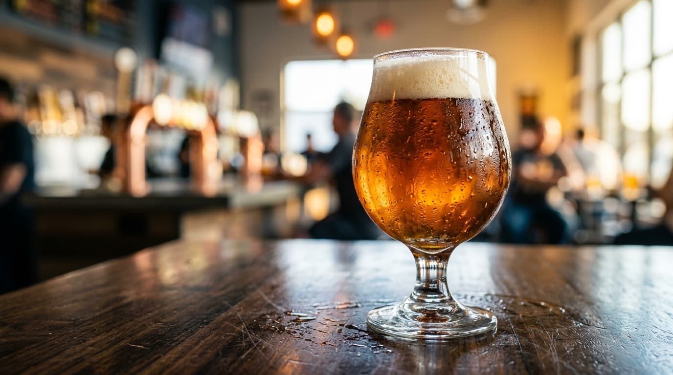 A macro close-up of a condensation-covered craft beer glass resting on a dark, polished wooden table at a brewery, with th...