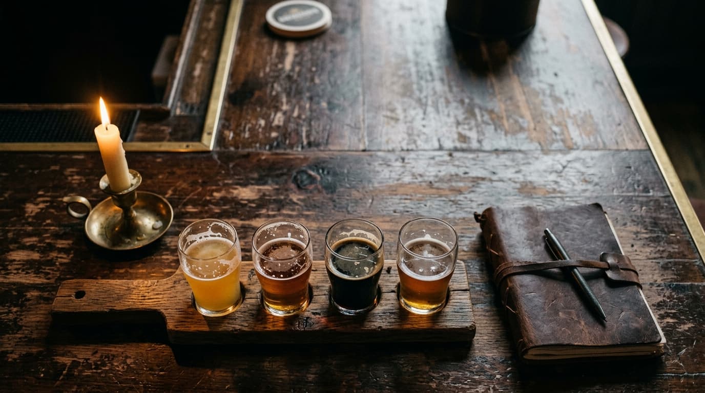 A dark, distressed wood bar top in a moody speakeasy. A single craft beer flight with half-empty glasses sits beside a lea...
