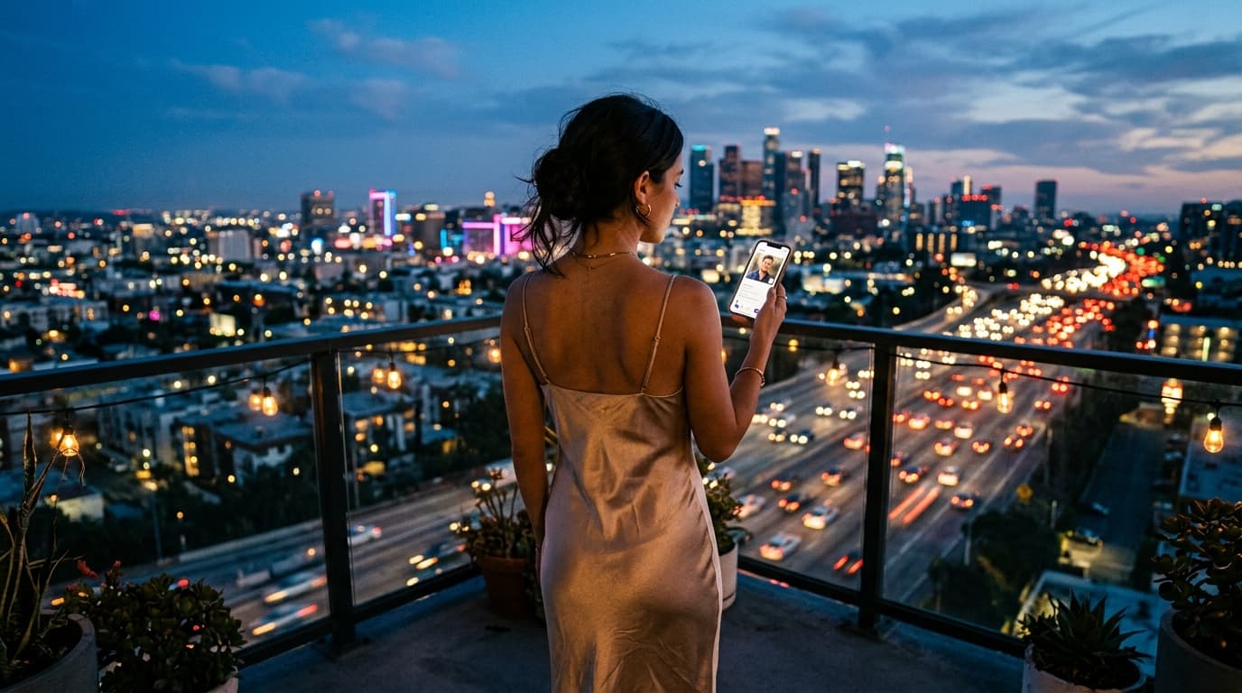 A woman in a silk slip dress stands on a Platinum Triangle balcony at blue hour, holding a smartphone showing a Hinge prof...