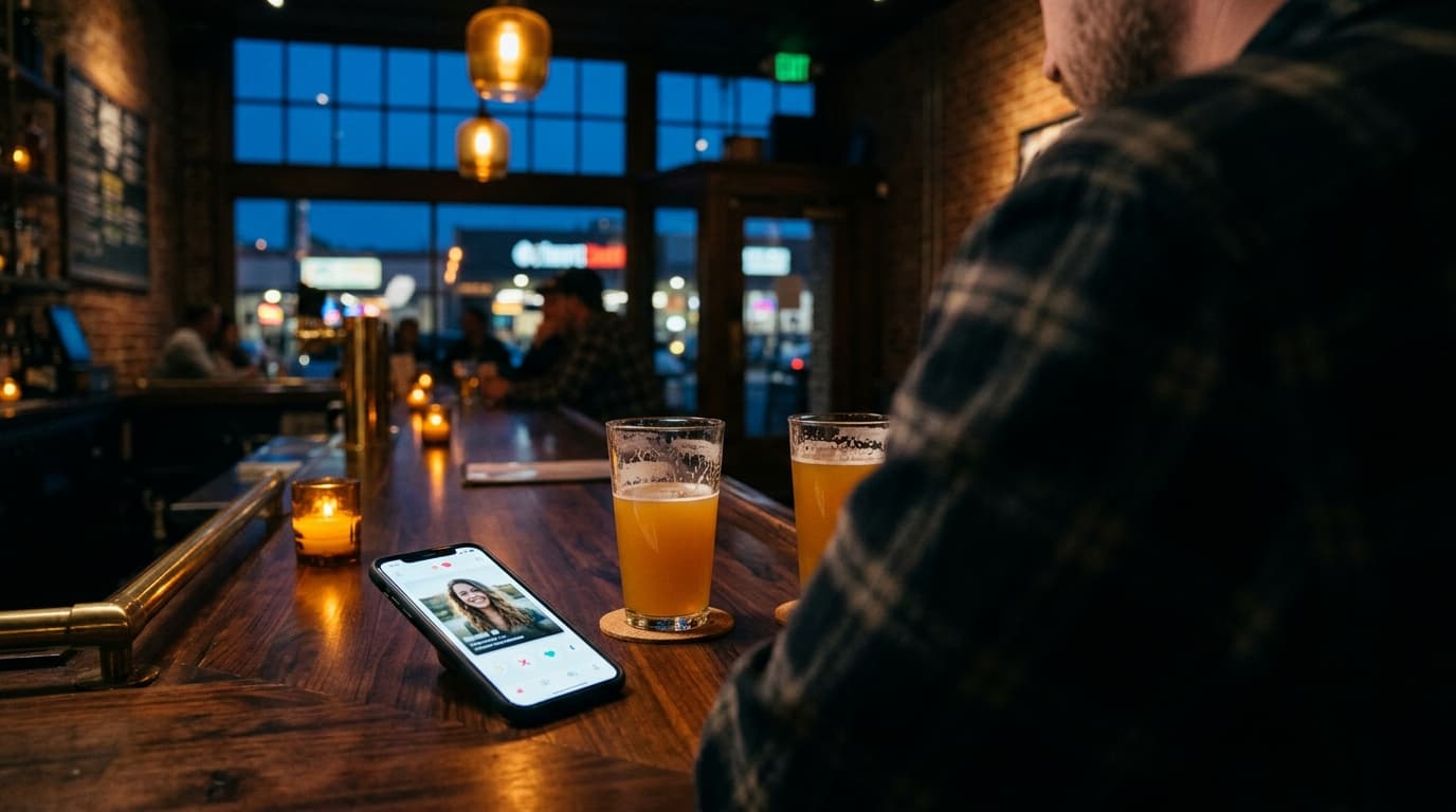 Over-the-shoulder view at a dimly lit Anaheim brewery bar during blue hour. Two half-poured hazy IPAs sit on coasters, wit...