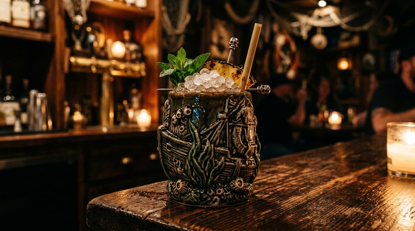 A low-angle macro shot of a single, ceramic tiki mug brimming with crushed ice and a dark rum cocktail at Strong Water. In...