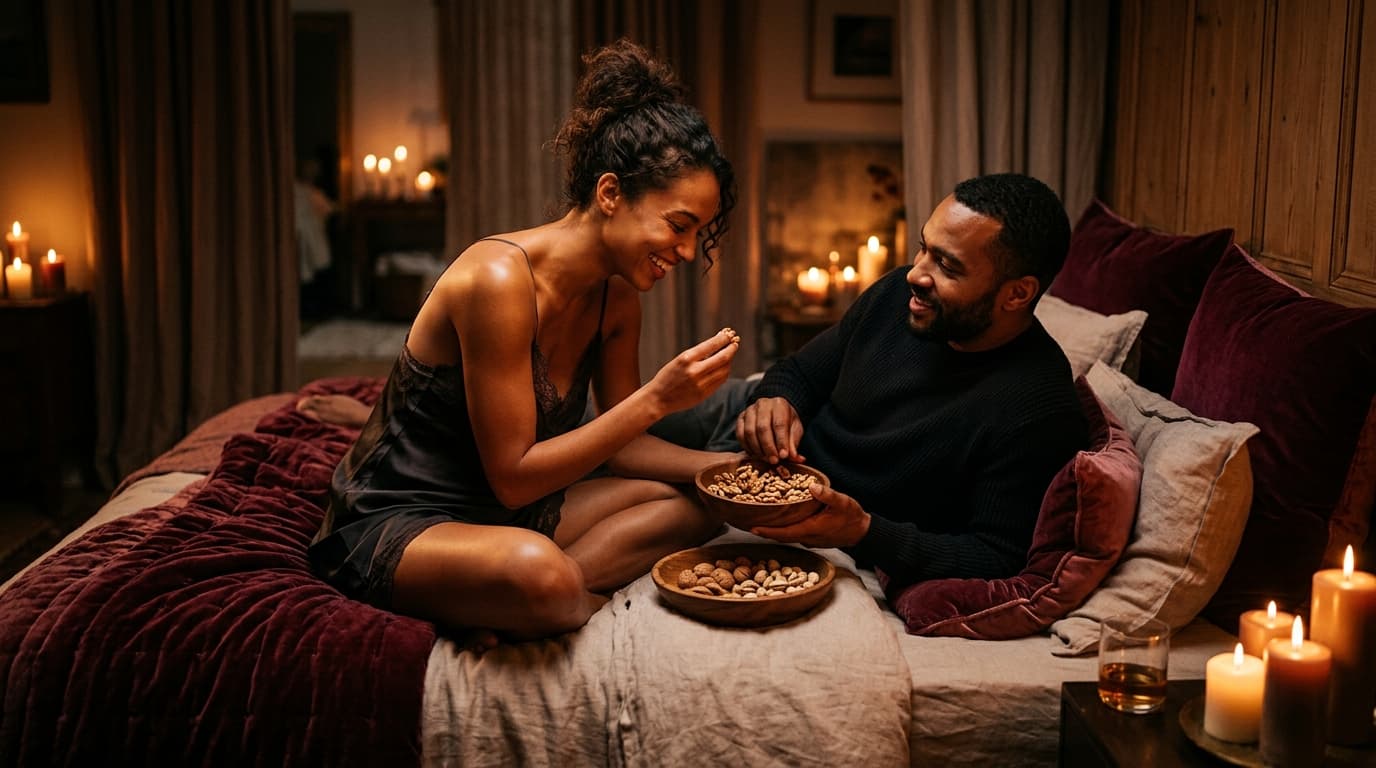 A diverse couple sits on a candle-lit bed, playfully sharing a bowl of walnuts and pistachios. Warm light highlights their...