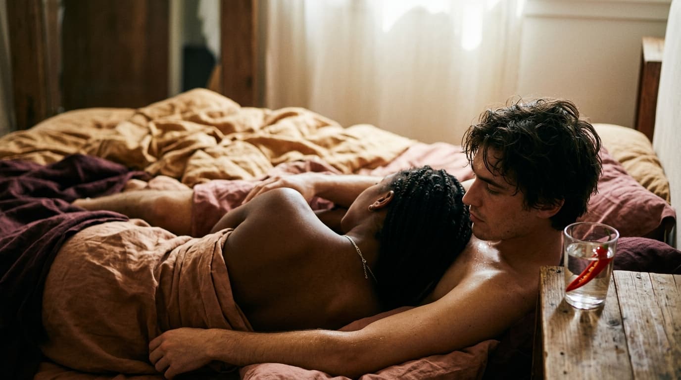 A diverse couple reclines in tangled linen sheets. Beside them, a single sliced red chili rests on a glass of water. Noon...