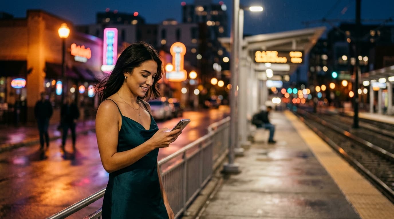An 85mm portrait shot, offset left, captures a woman in a silk slip dress glancing at her phone near a G-Line station at n...