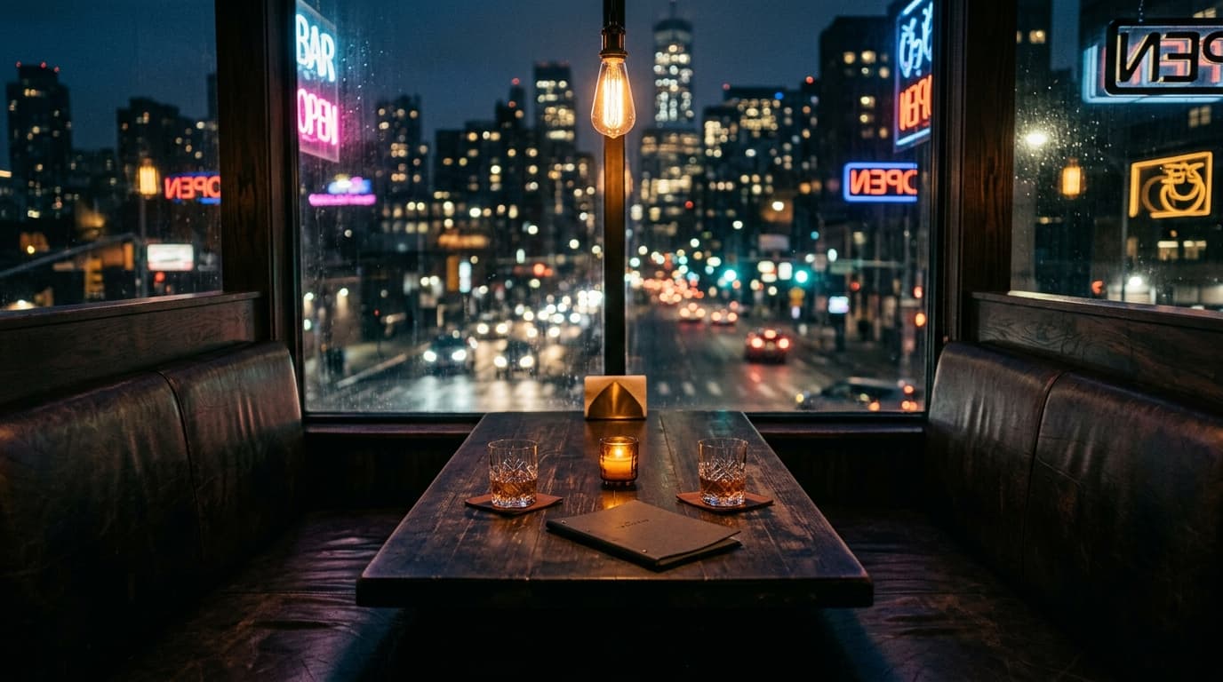 A wide 24mm establishing shot of a dimly lit, high-end tavern booth. Two empty leather seats face each other with two unto...