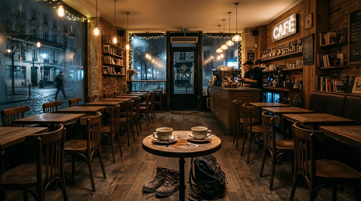 A symmetric, 24mm wide-angle shot of a local coffee shop interior at night. A pair of worn leather hiking boots sits benea...