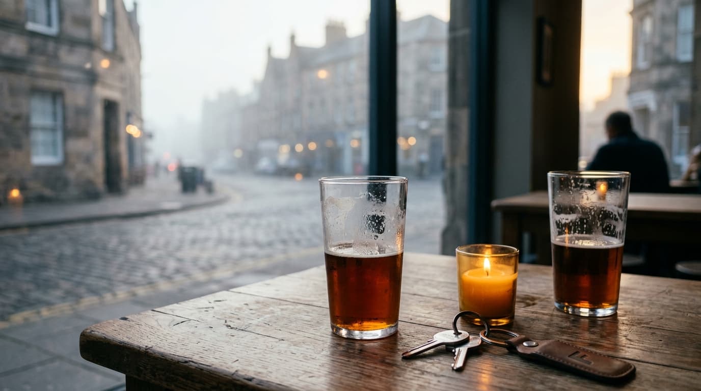 A medium shot captures two half-empty pint glasses of craft beer on a rustic wooden table. A set of car keys sits beside t...