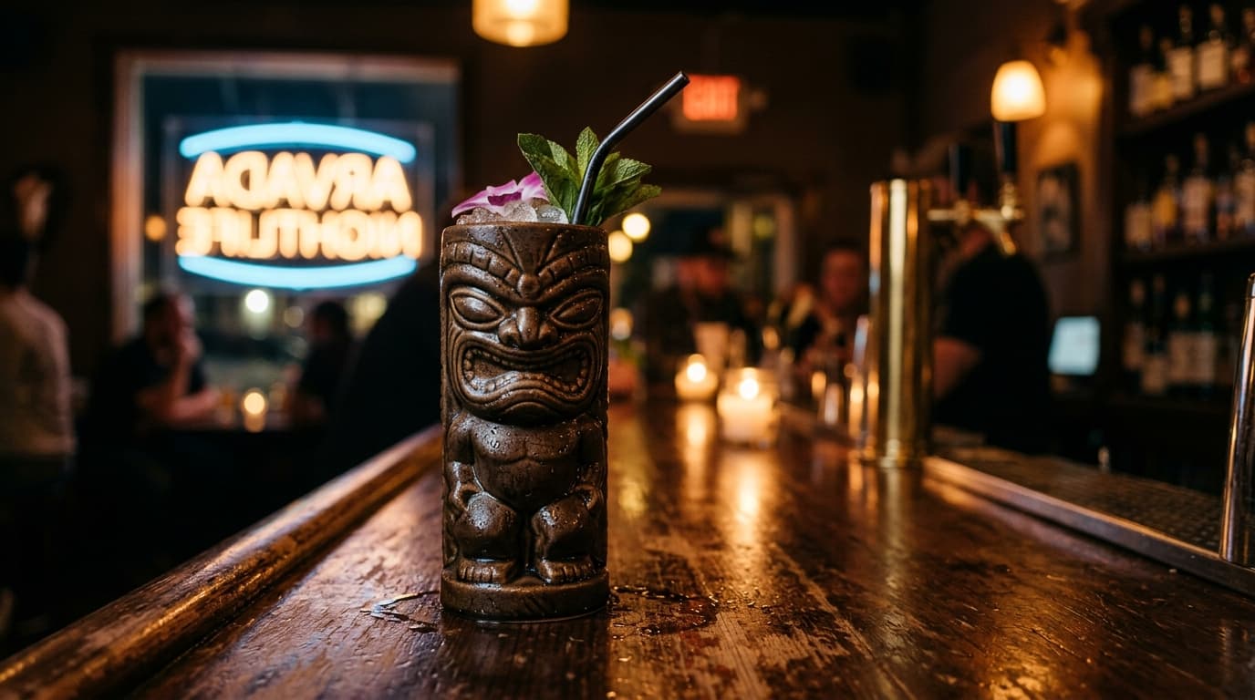 A macro 100mm shot of a dark, tropical-themed tiki mug resting on a polished wood bar. Warm amber light catches the conden...