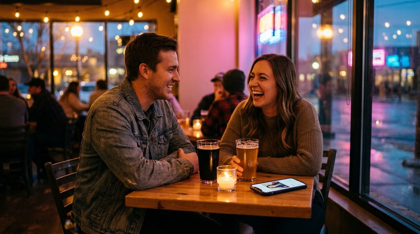 Medium shot, 35mm documentary. A couple shares a laugh at a candle-lit Olde Town Arvada brewery table, a smartphone with a...