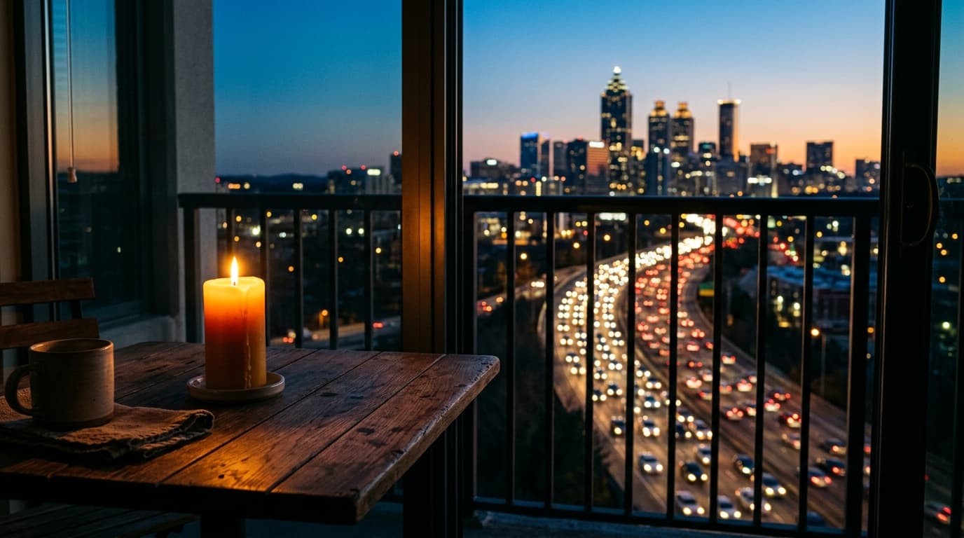 A warm, beeswax pillar candle sits on a wooden bistro table in the left foreground, illuminating the blurred, twinkling ni...