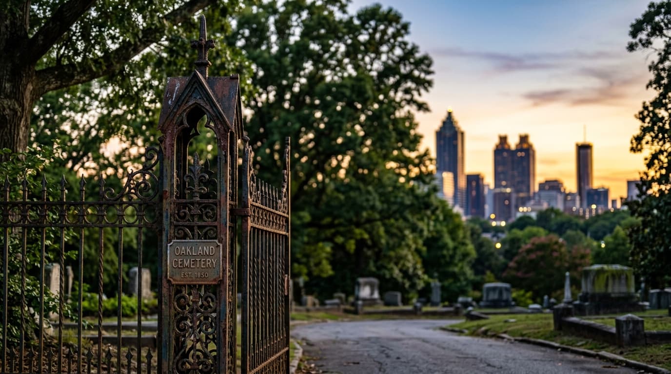 A weathered, ornate iron gate at Oakland Cemetery stands in sharp focus on the left, foregrounding a softly blurred, golde...